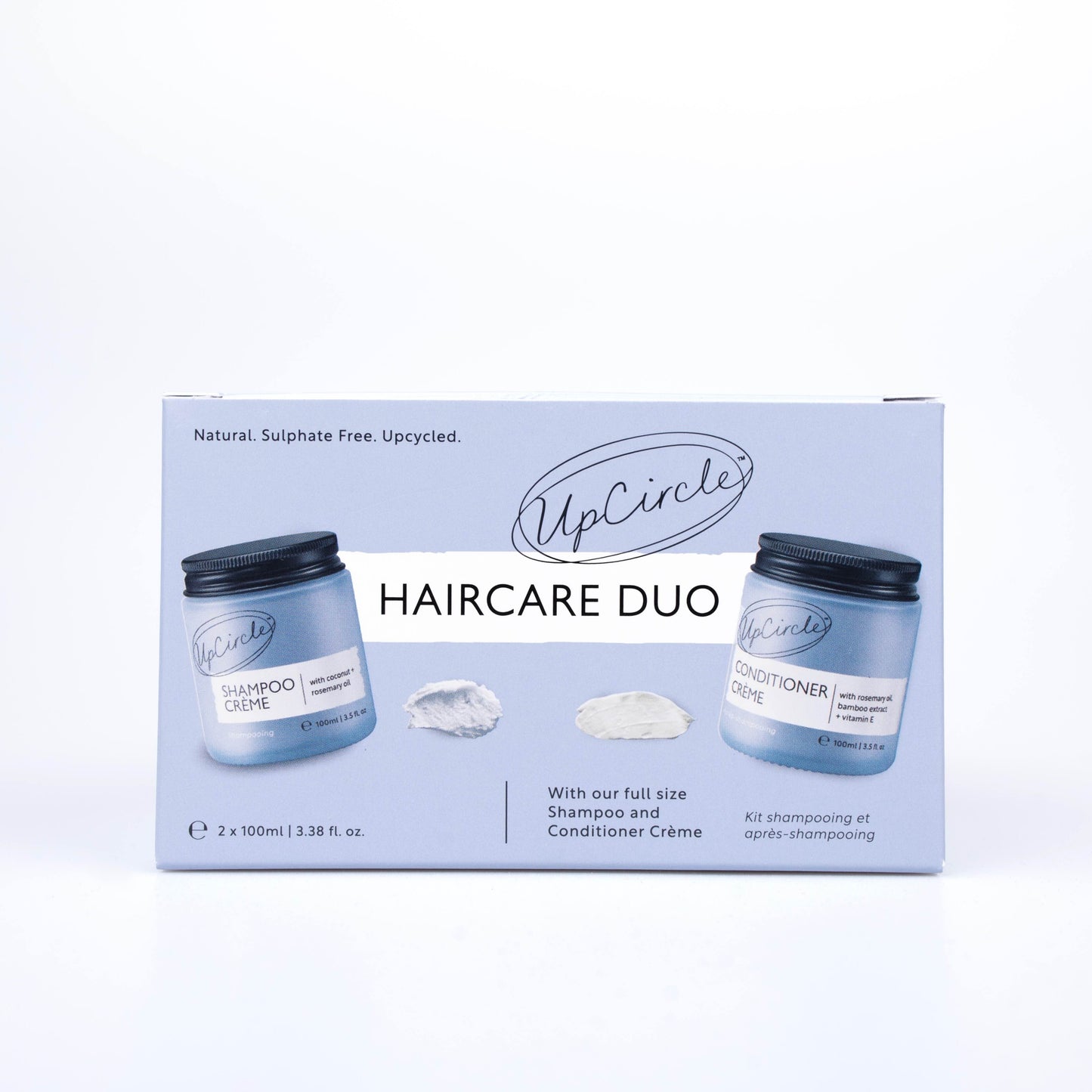 upcircle hair care duo. Photo of the blue cardboard box on a white background