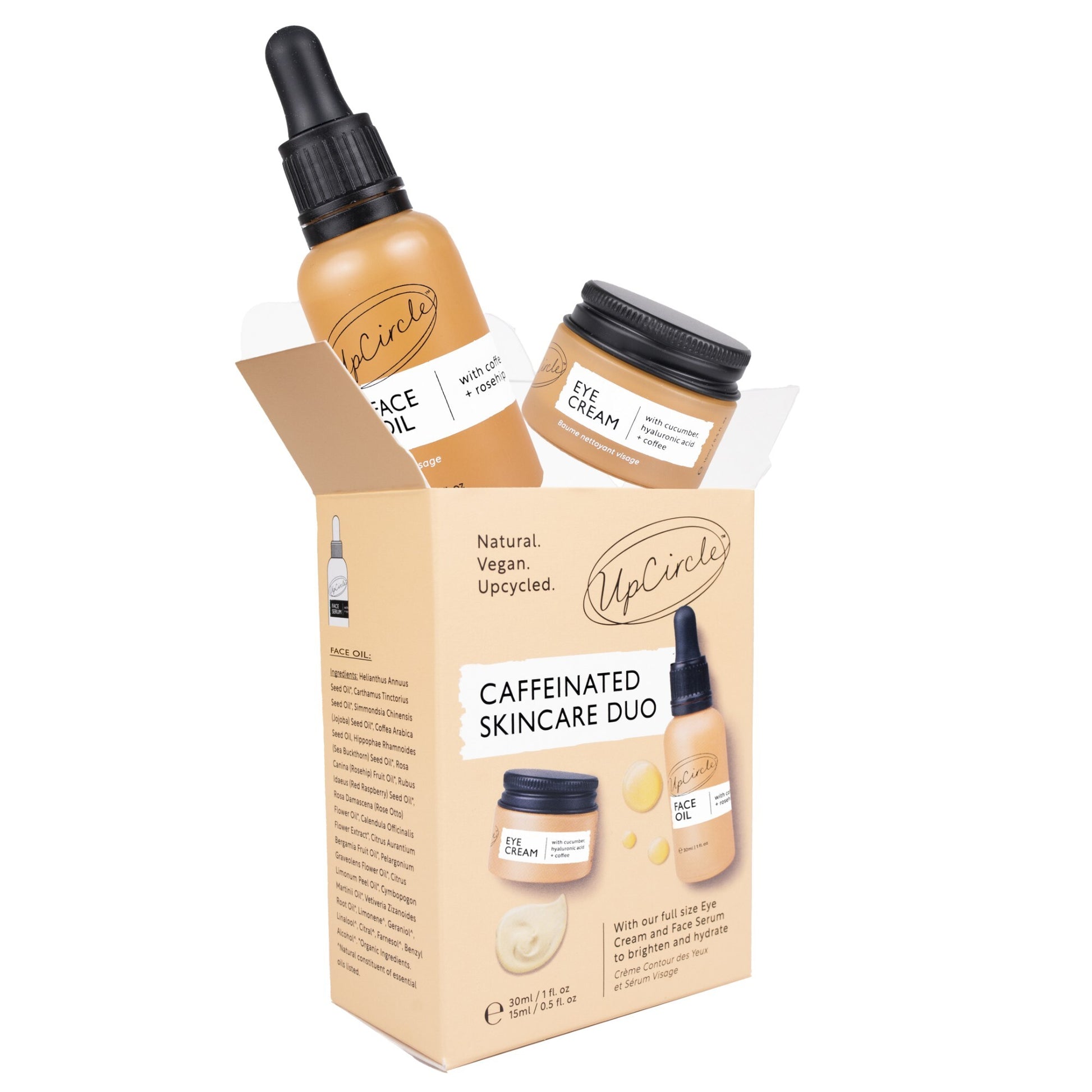 upcircle face oil and eye cream glass packaging bottle and jar jumping out of the caffeinated duo box