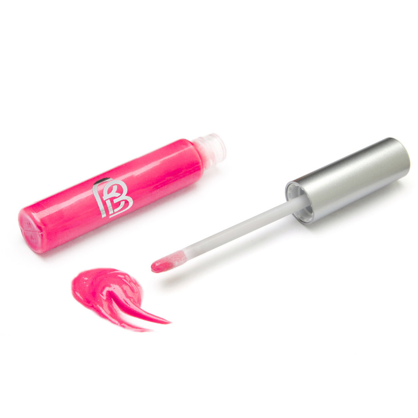 Pink lip gloss with applicator and swatch on a white background
