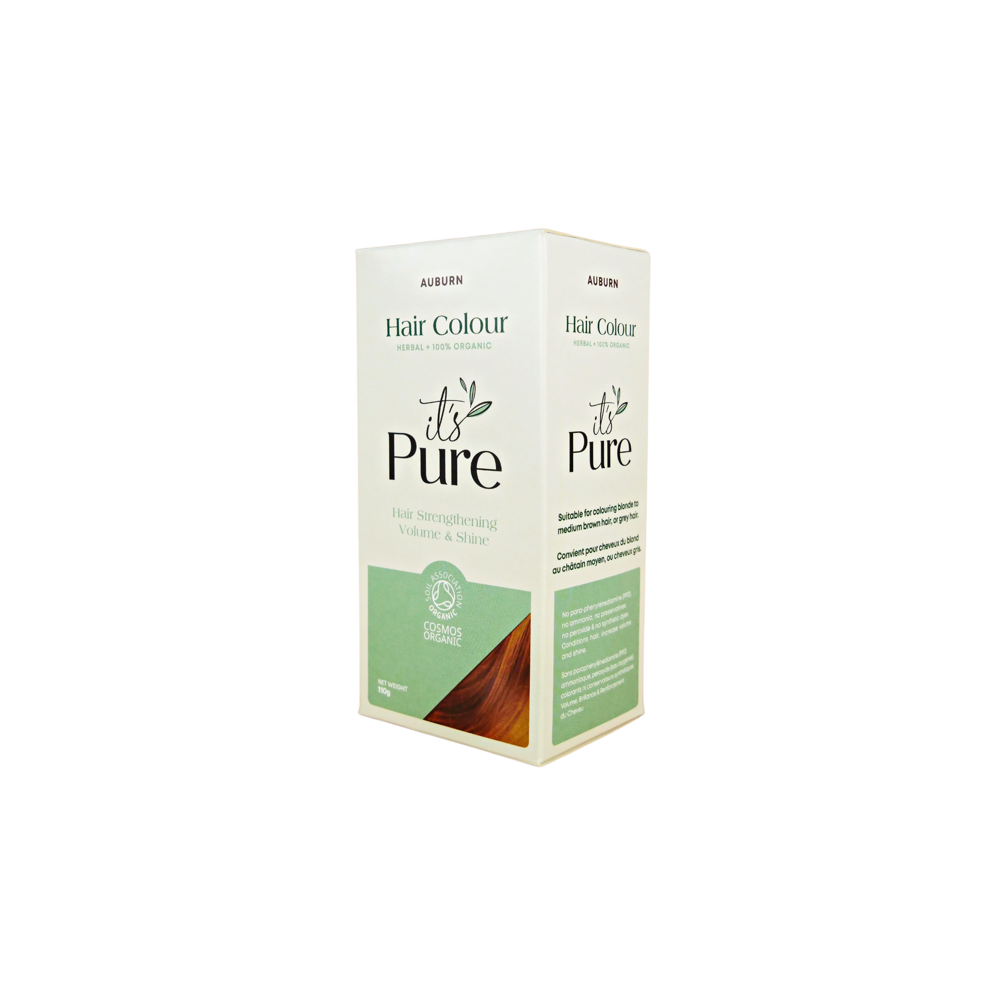 it's pure auburn semi permanent natural hair dye in light green and green box on white background