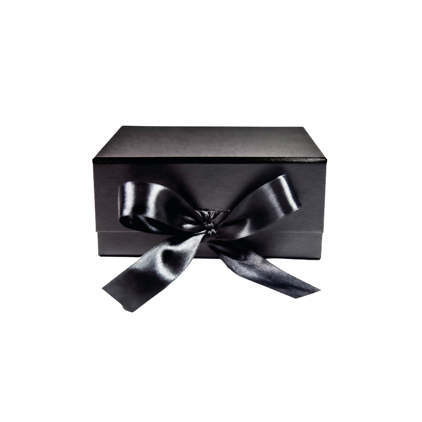 Black silk rectangular gift box with black silk ribbon closure. Inside is Bowe Organics' face mask gift set