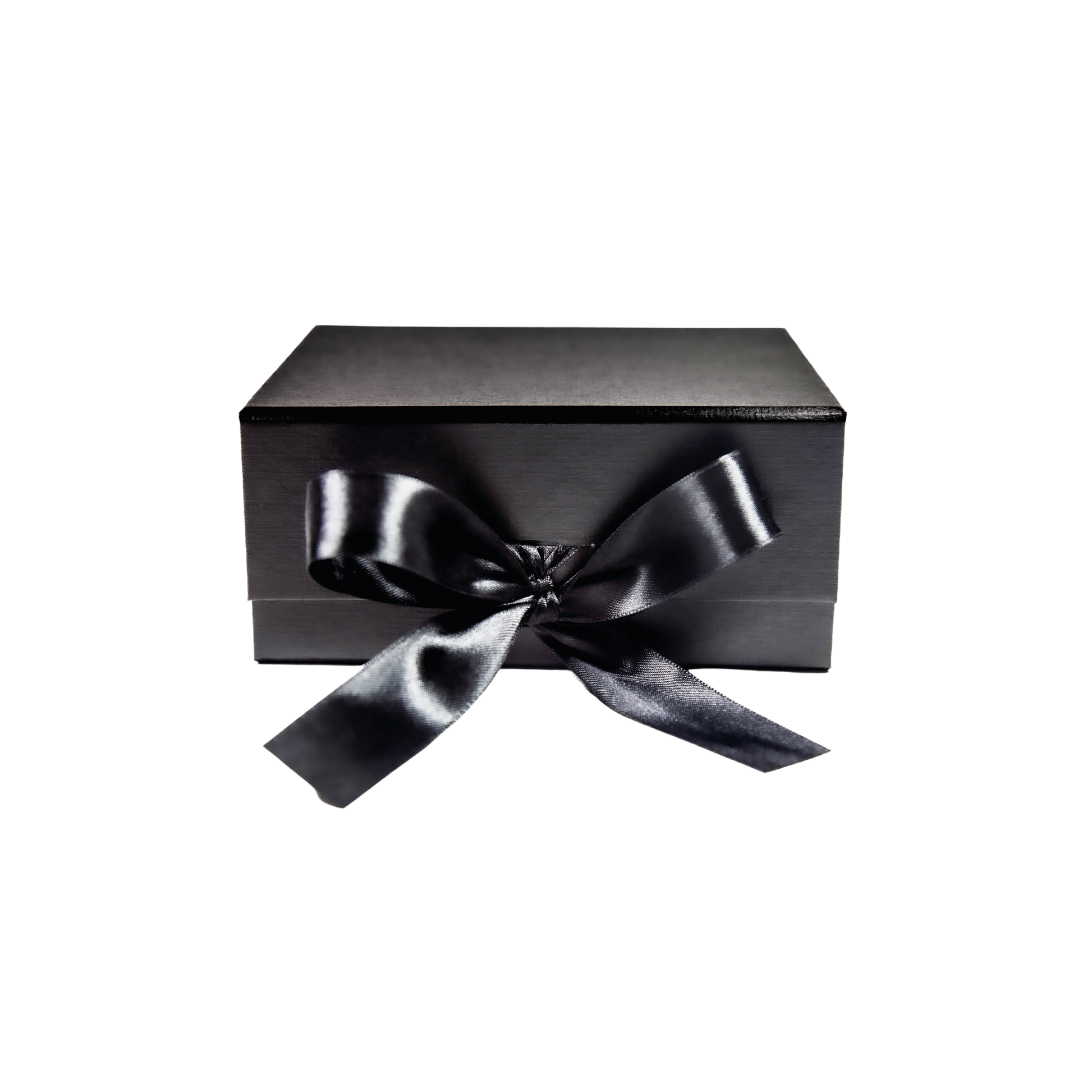Black silk rectangular gift box with black silk ribbon closure. Inside is Bowe Organics' face mask gift set