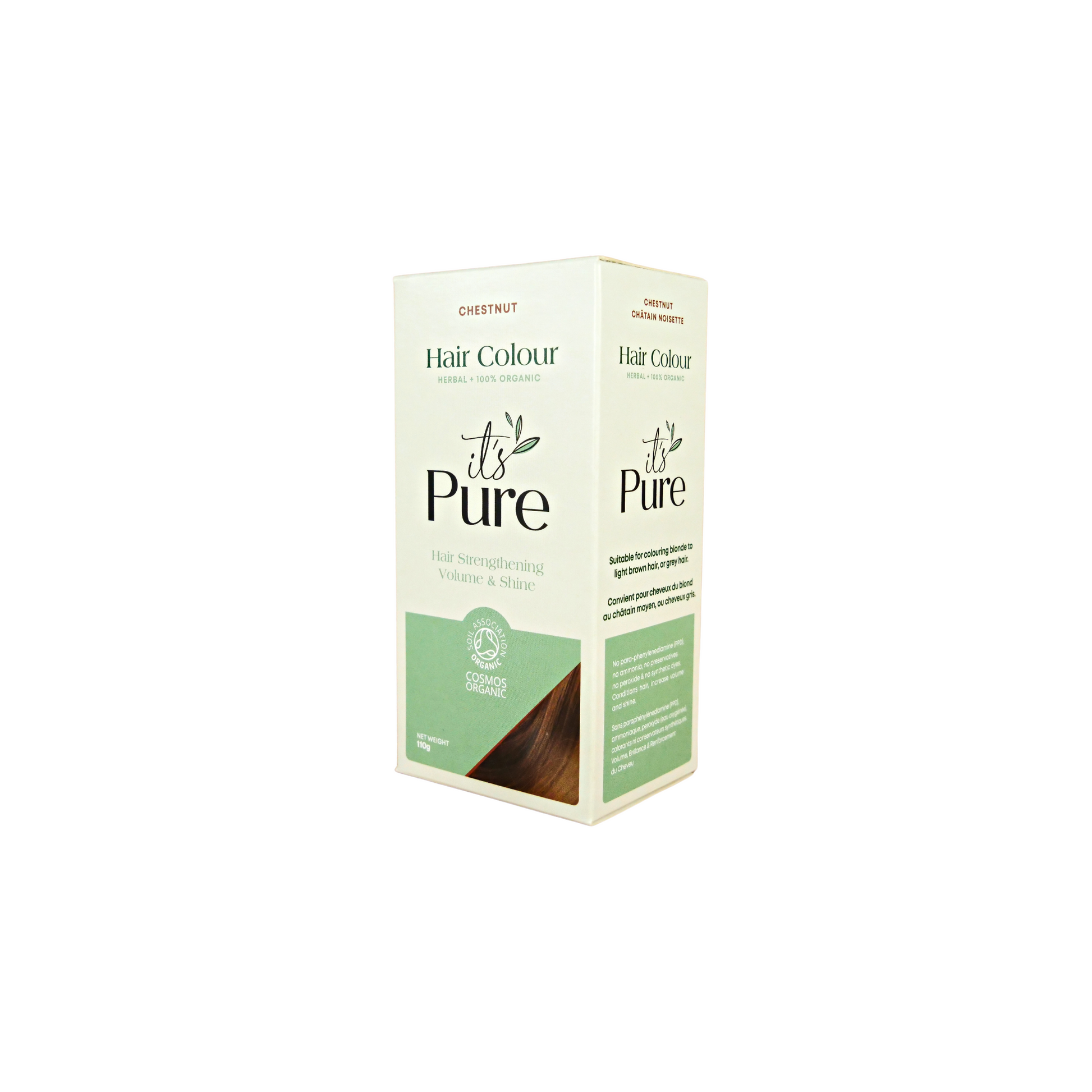 it's pure chestnut semi permanent natural hair dye in light green and green box on white background