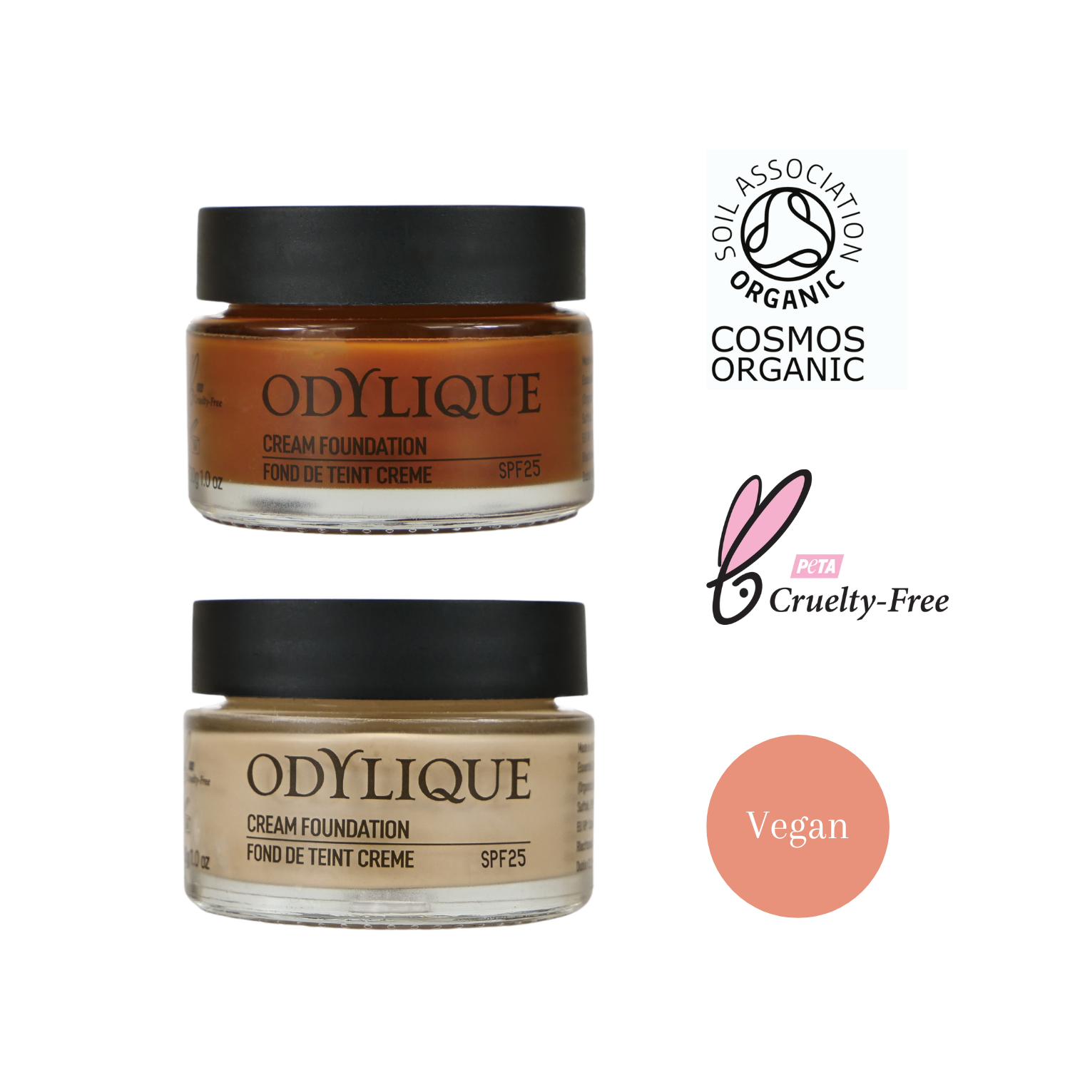 odylique cream foundation graphic showing one darker shade and one lighter shade of foundation in clear glass jars with black plastic lids. To the right is the soil association cosmos organic logo, the peta cruelty free logo and a symbol to denote that the product is vegan