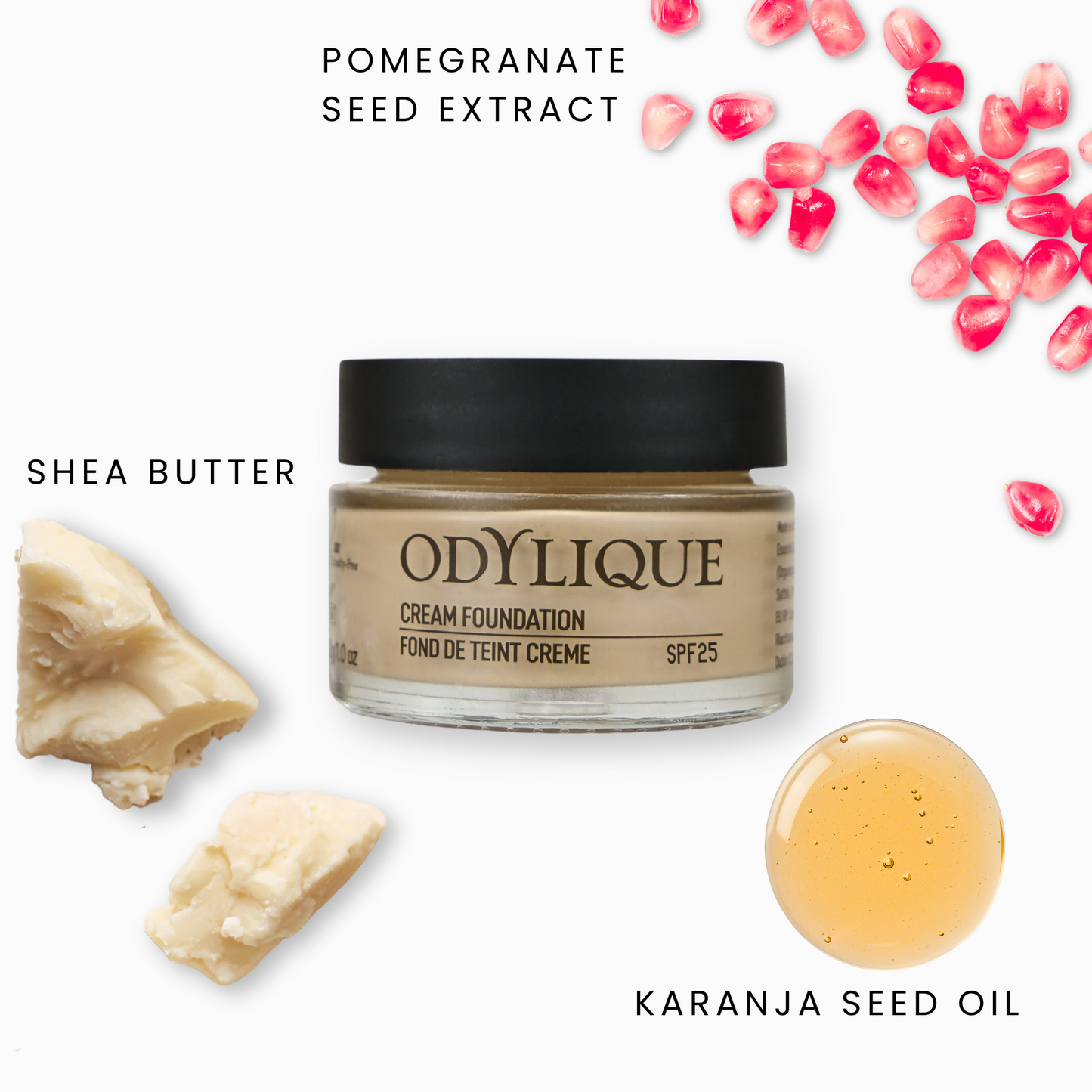 infographic of odylique cream foundation with spf 25 showing glass jar with beige coloured foundation inside and some images of the ingredients; shea butter, pomegranate seed extract and karanja seed oil