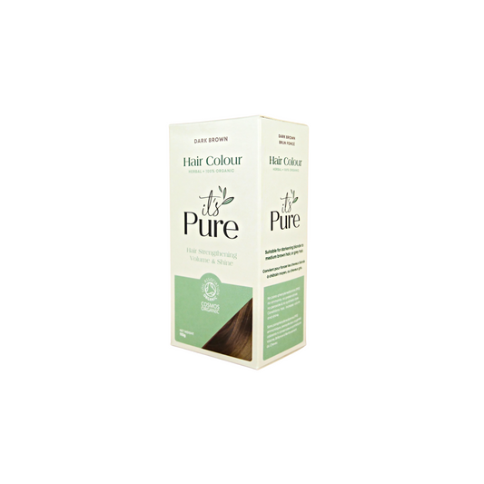 it's pure dark brown semi permanent natural hair dye in light green and green box on white background