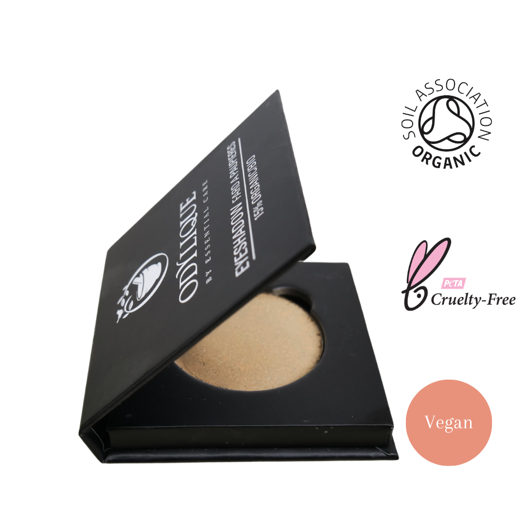 Make up compact with odylique sand coloured mineral eyeshadow inside. logos with organic, cruelty free and vegan credentials