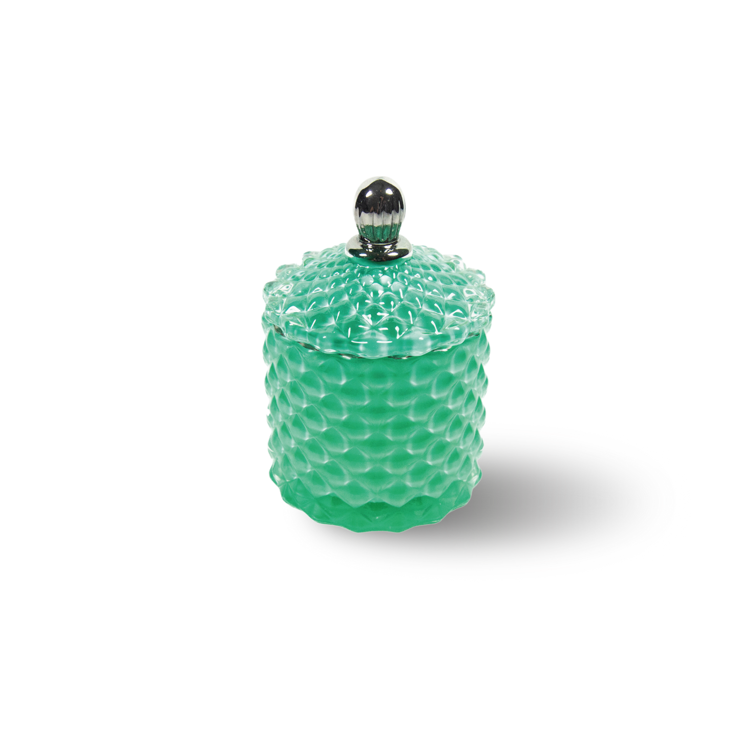 Bowe organics candle, picture on a white background is a soy candle in a green textured glass, with a green textured glass lid and a silver handle. 