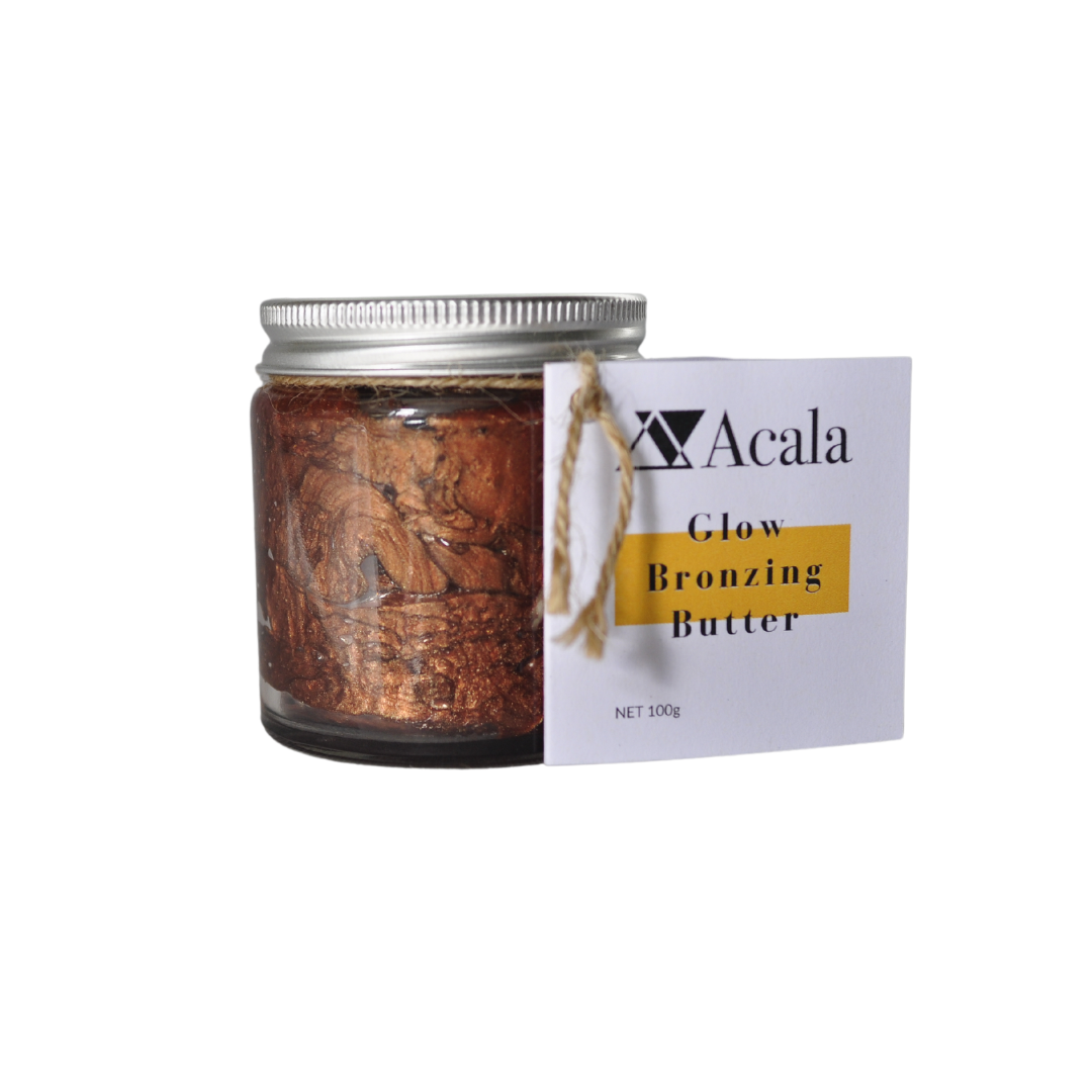 photo of acala zero waste's glow bronzing butter on a transparent back ground. The bronzing butter shimmery brown colour can be seen through the clear glass jar with aluminium lid. there's a label attached with parcel string that reads acala glow bronzing butter net 100g. Alternative to self tan