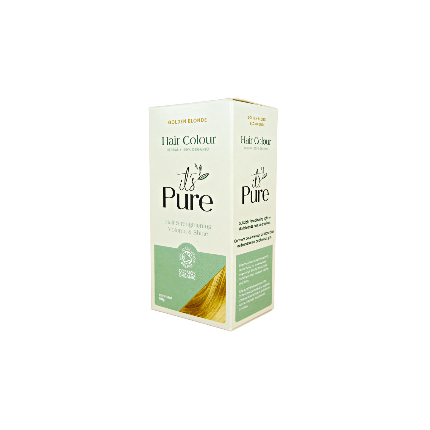 it's pure golden blonde semi permanent natural hair dye in light green and green box on white background