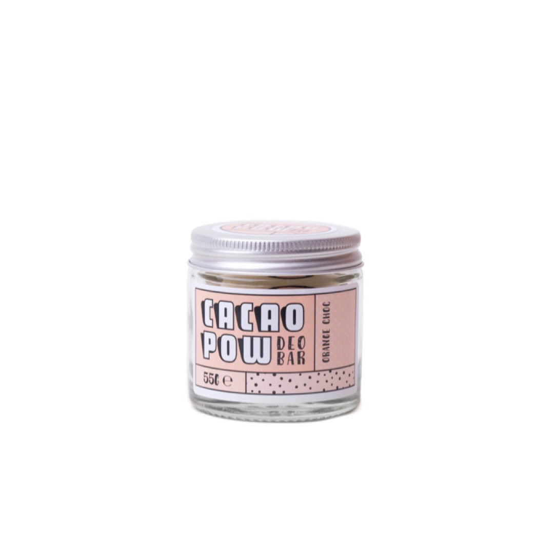 clear jar of cacao pow natural deodorant cream stick with aluminium lid. Orange choc scent 