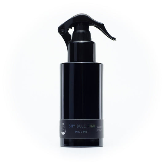 freedom scents sky blue high room spray air freshener in a black bottle spray pump on a white background