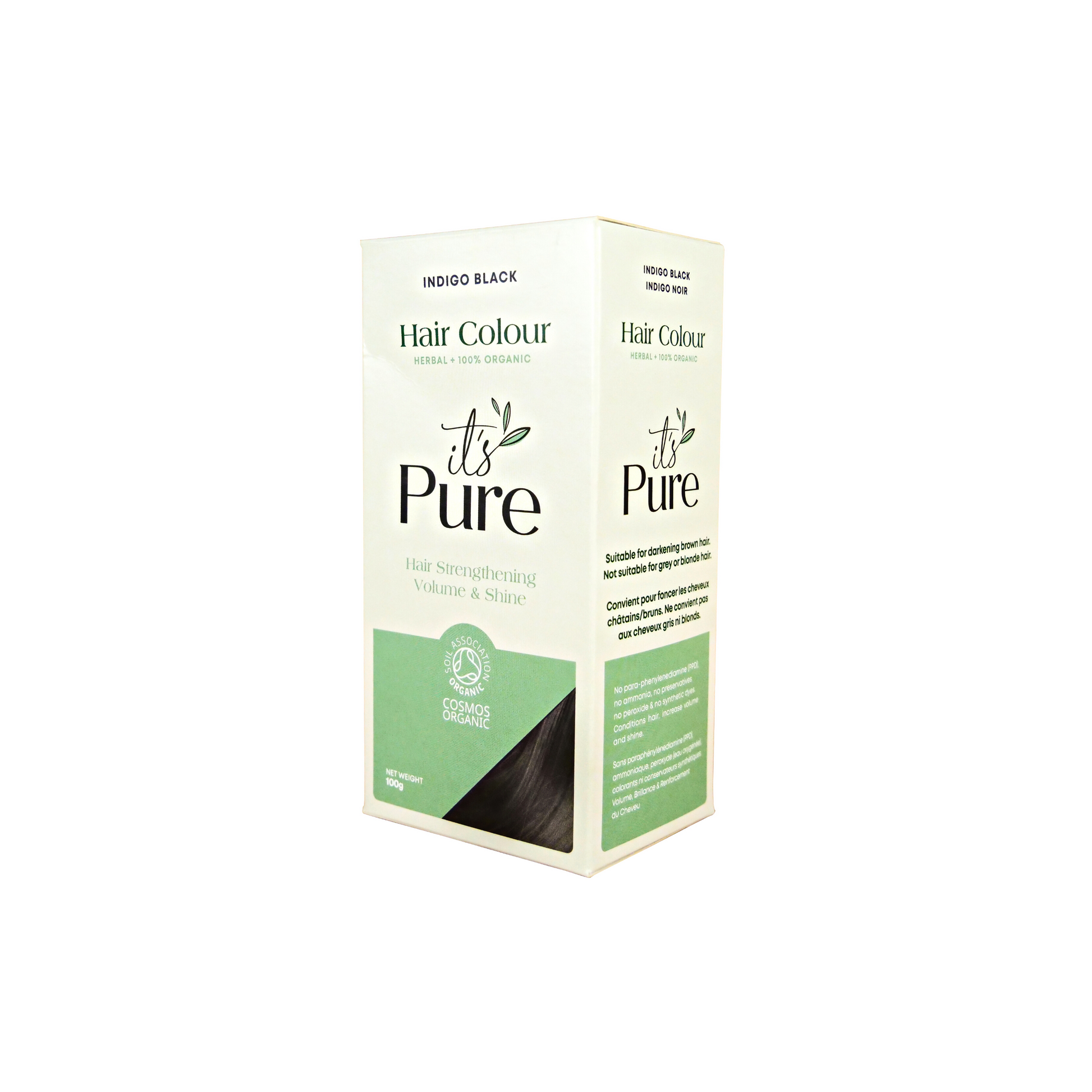 it's pure indigo black semi permanent natural hair dye in light green and green box on white background