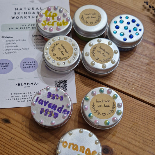 handmade lip balm tins decorated with diamond and pearl gems