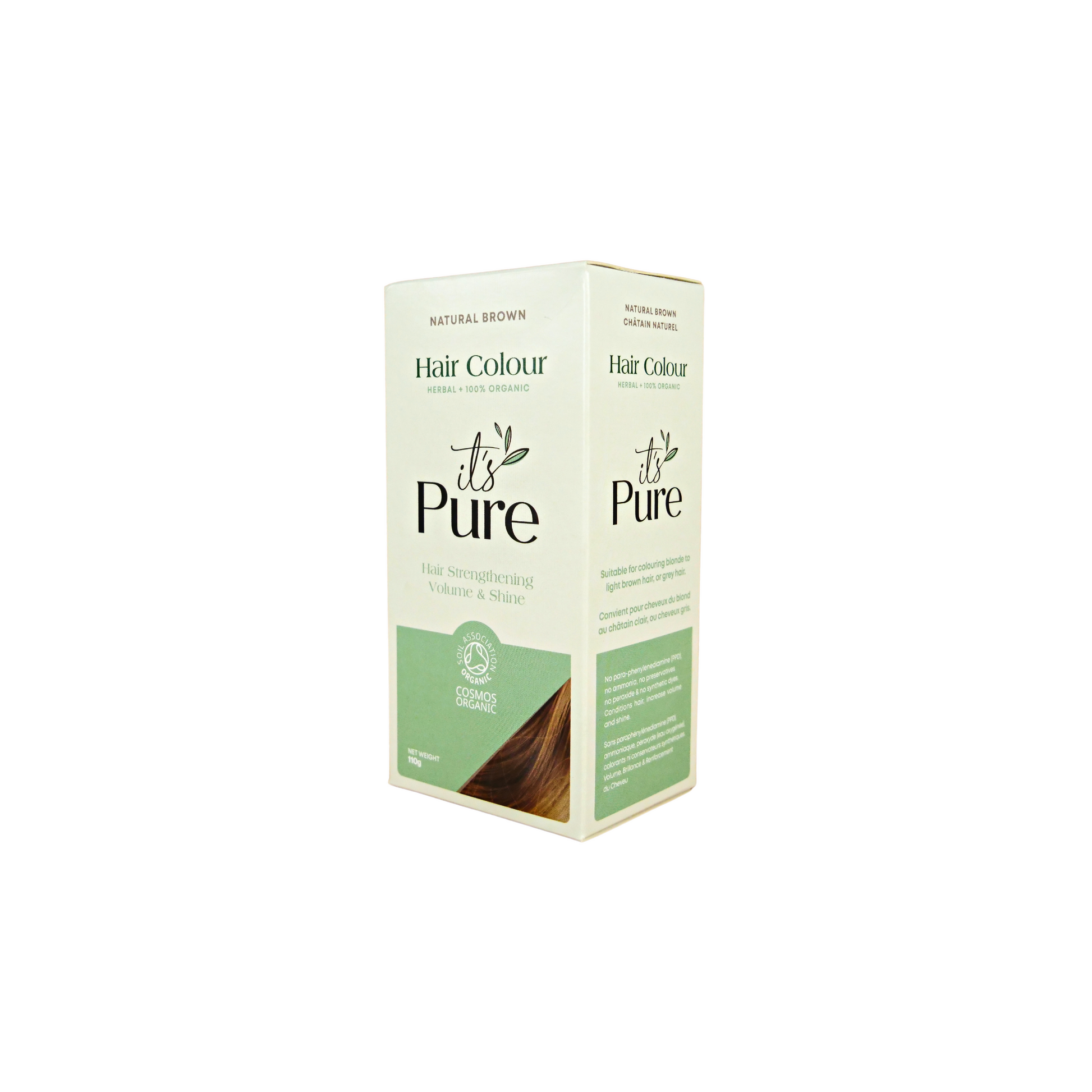 it's pure natural brown semi permanent natural hair dye in light green and green box on white background