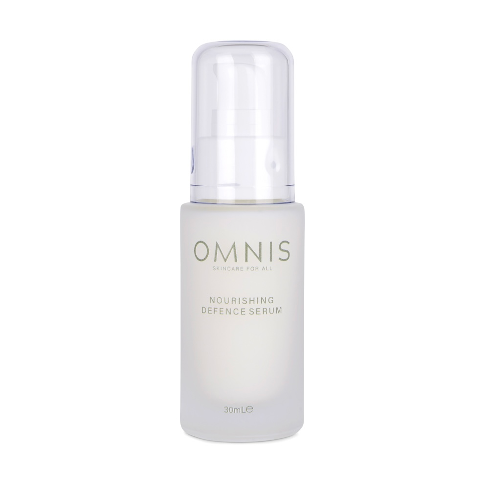 Photo of the Omnis Nourishing Defence Serum bottle with a white pump on a white background