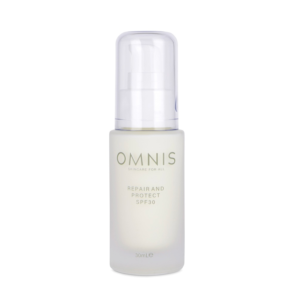 Photo of the Omnis Repair & Protect SPF30 bottle with a white pump on a white background