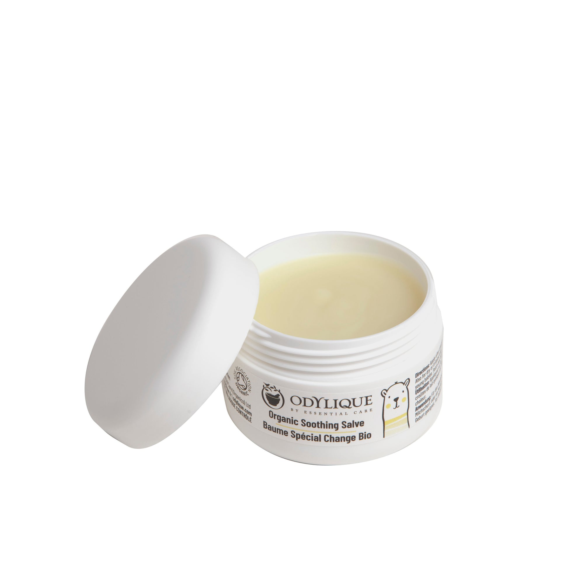 light creamy texture of soothing baby balm in a white pot made by organic skincare brand odylique
