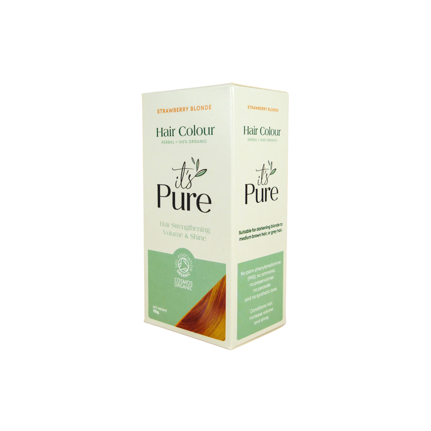 it's pure strawberry blonde semi permanent natural hair dye in light green and green box on white background