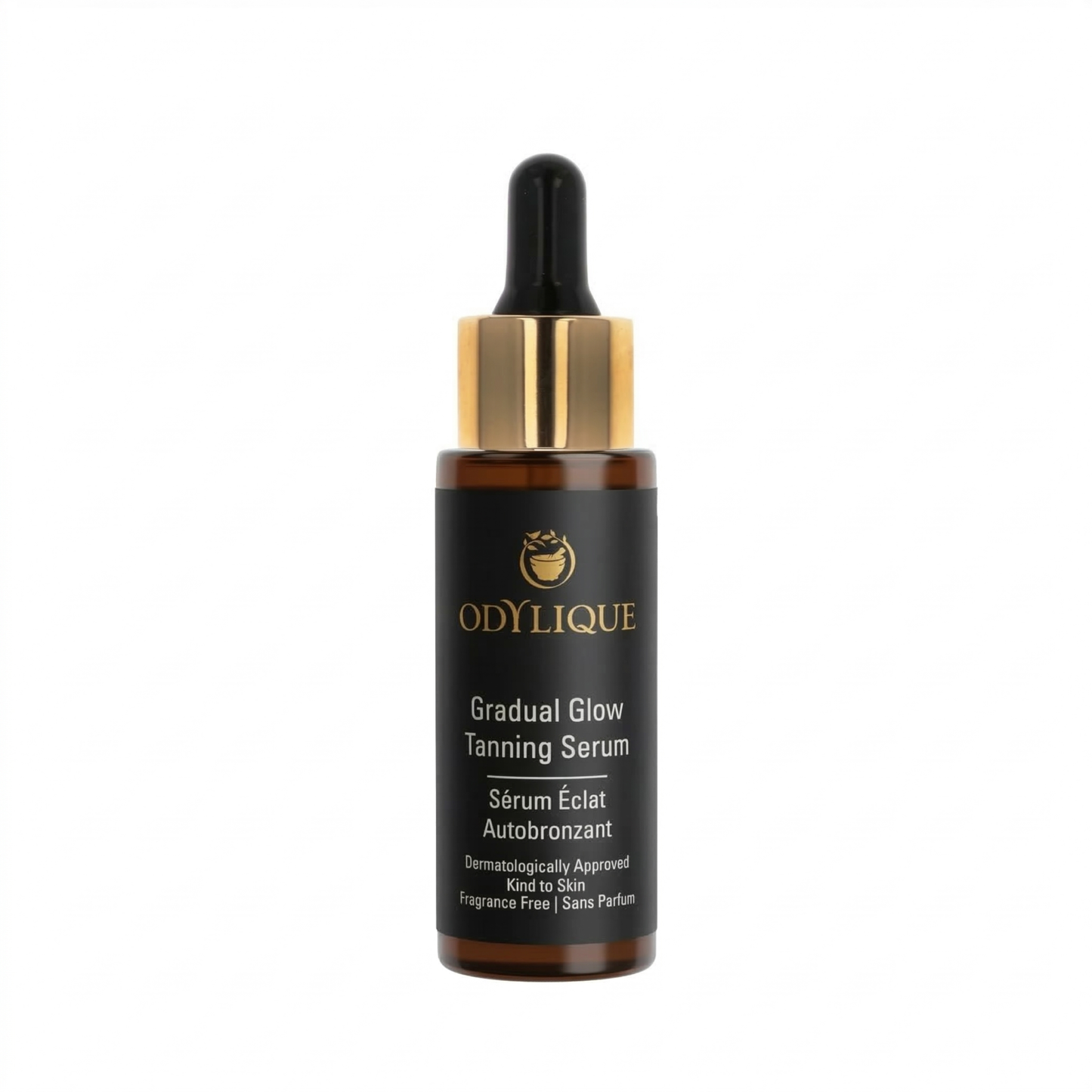 Odylique Gradual Glow Tanning Serum bottle with dropper on a white background