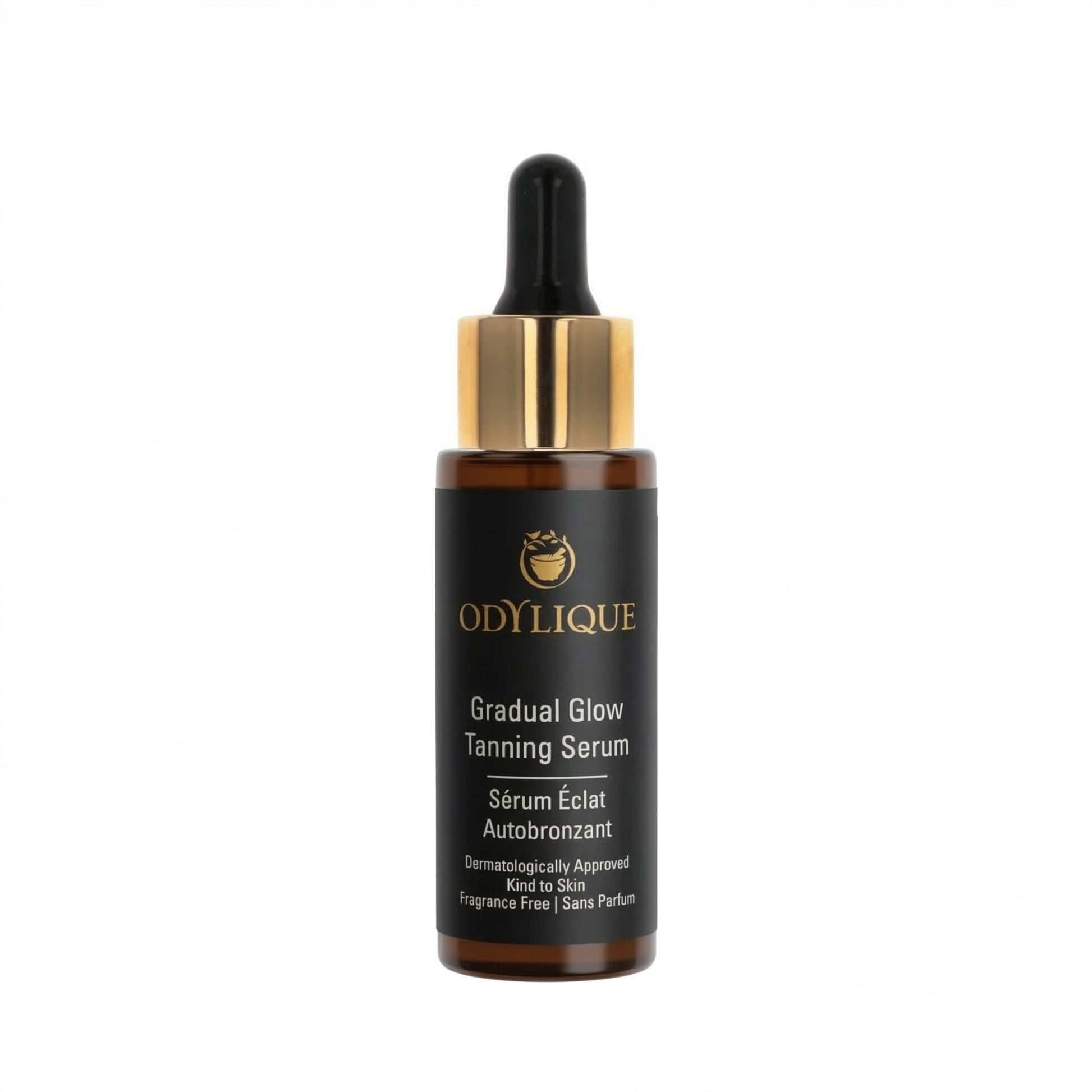 Odylique Gradual Glow Tanning Serum bottle with dropper on a white background