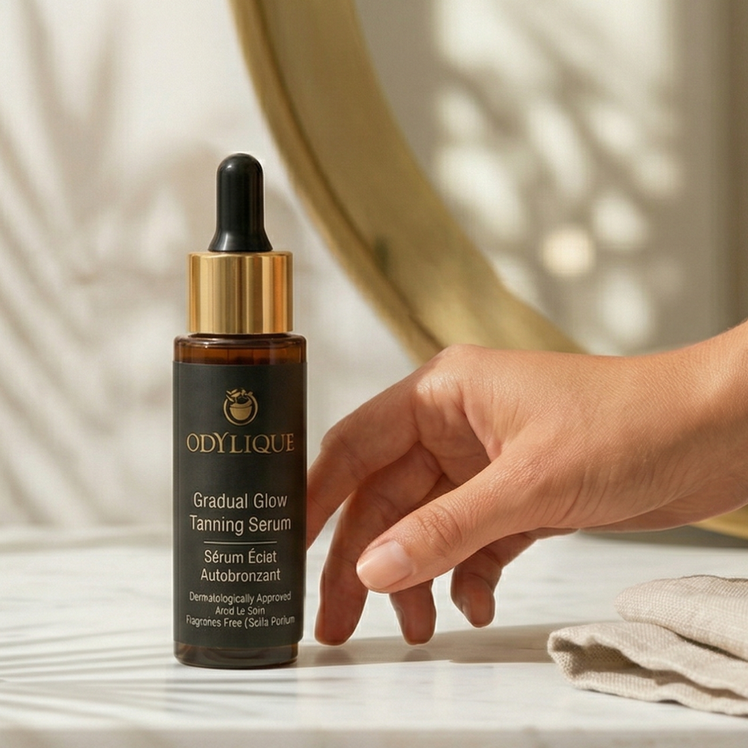 ODYLIQUE Gradual Glow Tanning Serum bottle on a surface with a hand and mirror in the background.