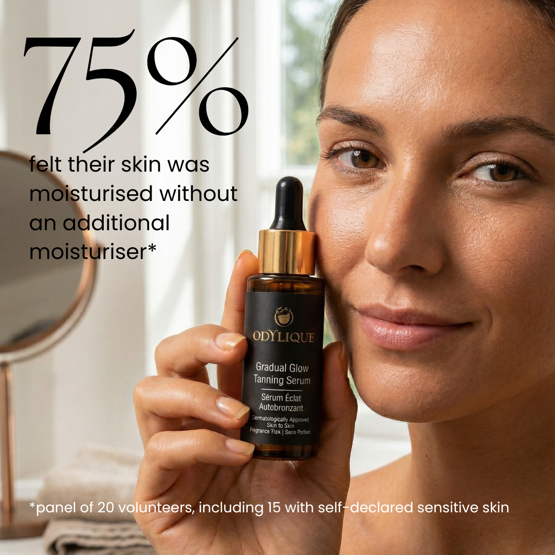 Woman holding a tanning serum bottle with text about skin moisturization.