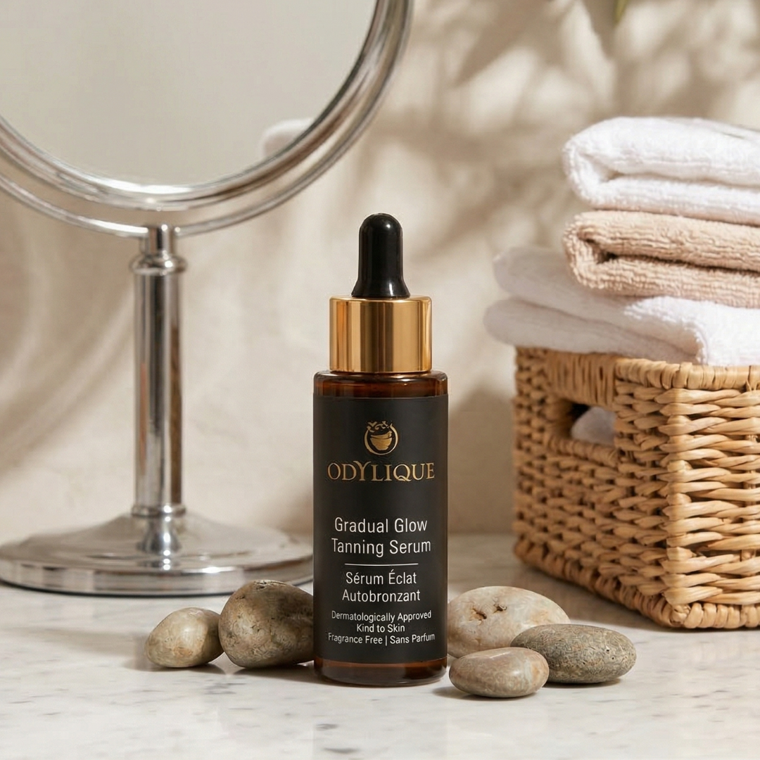 ODYLIQUE Gradual Glow Tanning Serum bottle on a marble surface with stones, a basket of towels and a mirror in the background.