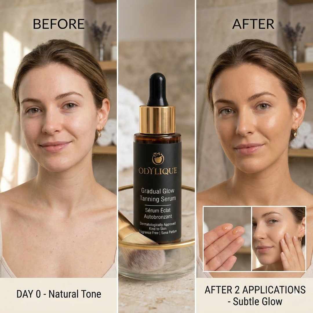 Before and after comparison of a woman's face with Odylique tanning serum.