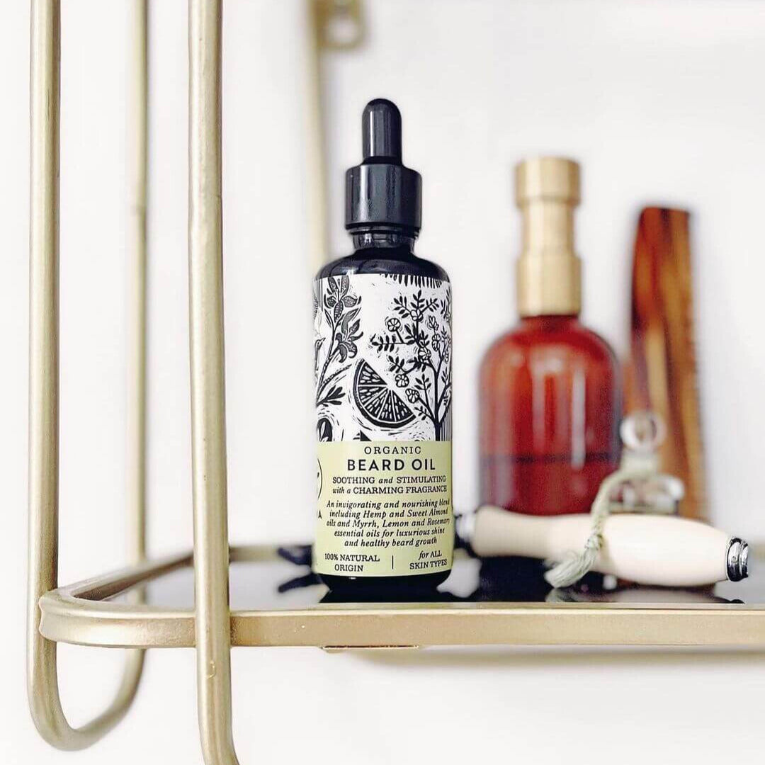organic beard oil on bathroom shelf