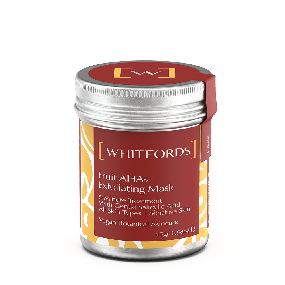 whitfords skincare granular and aha exfoliator in an aluminium tin with a red label on a white background. the label reads 'whitfords fruit ahas exfoliating mask 5 minute treatment with gentle salicylic acid all skin types sensitive skin vegan botanical skincare'