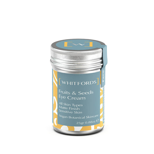 whitfords skincare eye cream made with natural ingredients including fruits and seeds to smooth, hydrate and plump the eye area is in an aluminium tin with a grey blue label on a white background