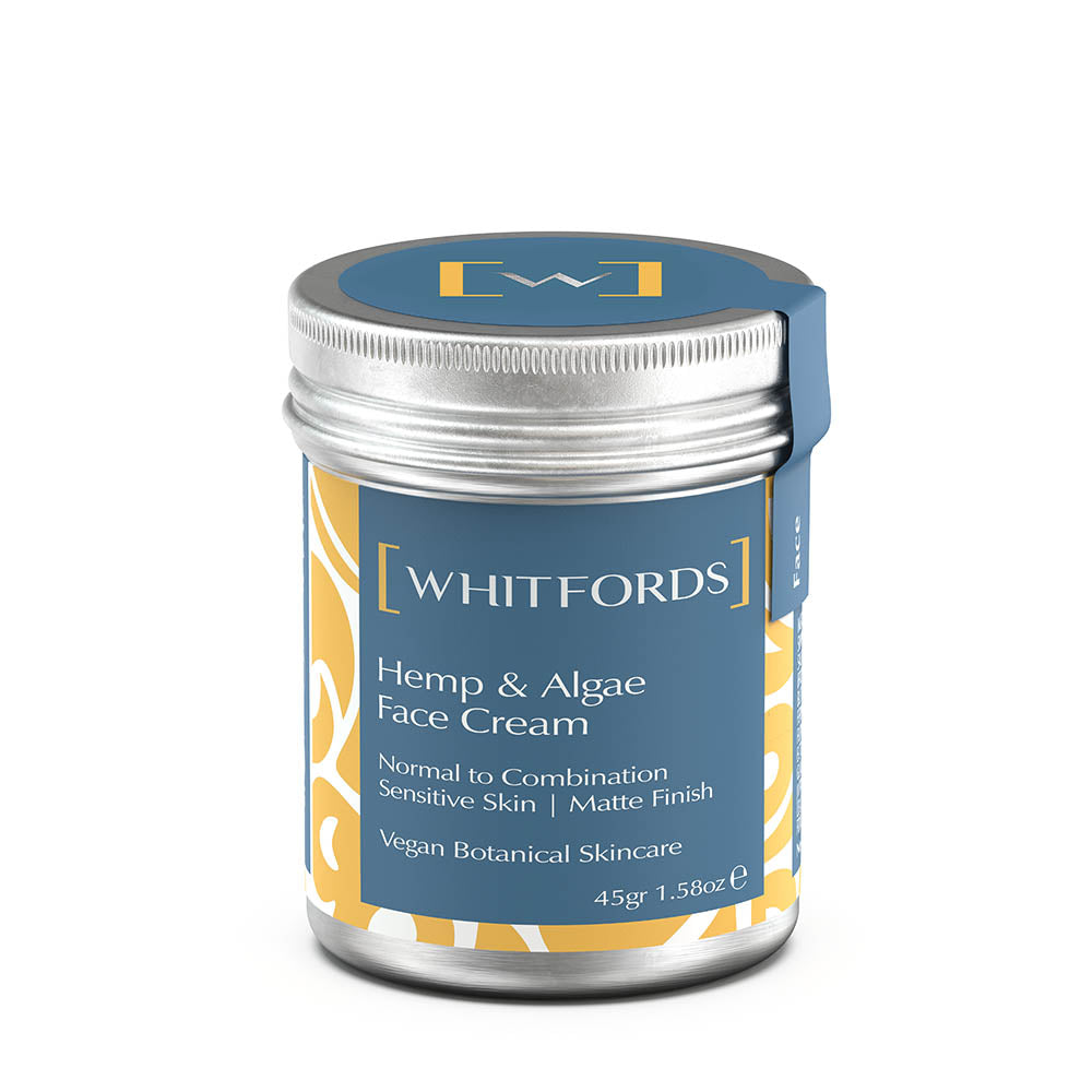 whitfords skincare hemp and algae face cream for normal to combination skin in an aluminium tin with a grey blue label on a white background. the label reads 'whitfords hemp and algae face cream. normal to combination, sensitive skin, matte finish. vegan botanical skincare'