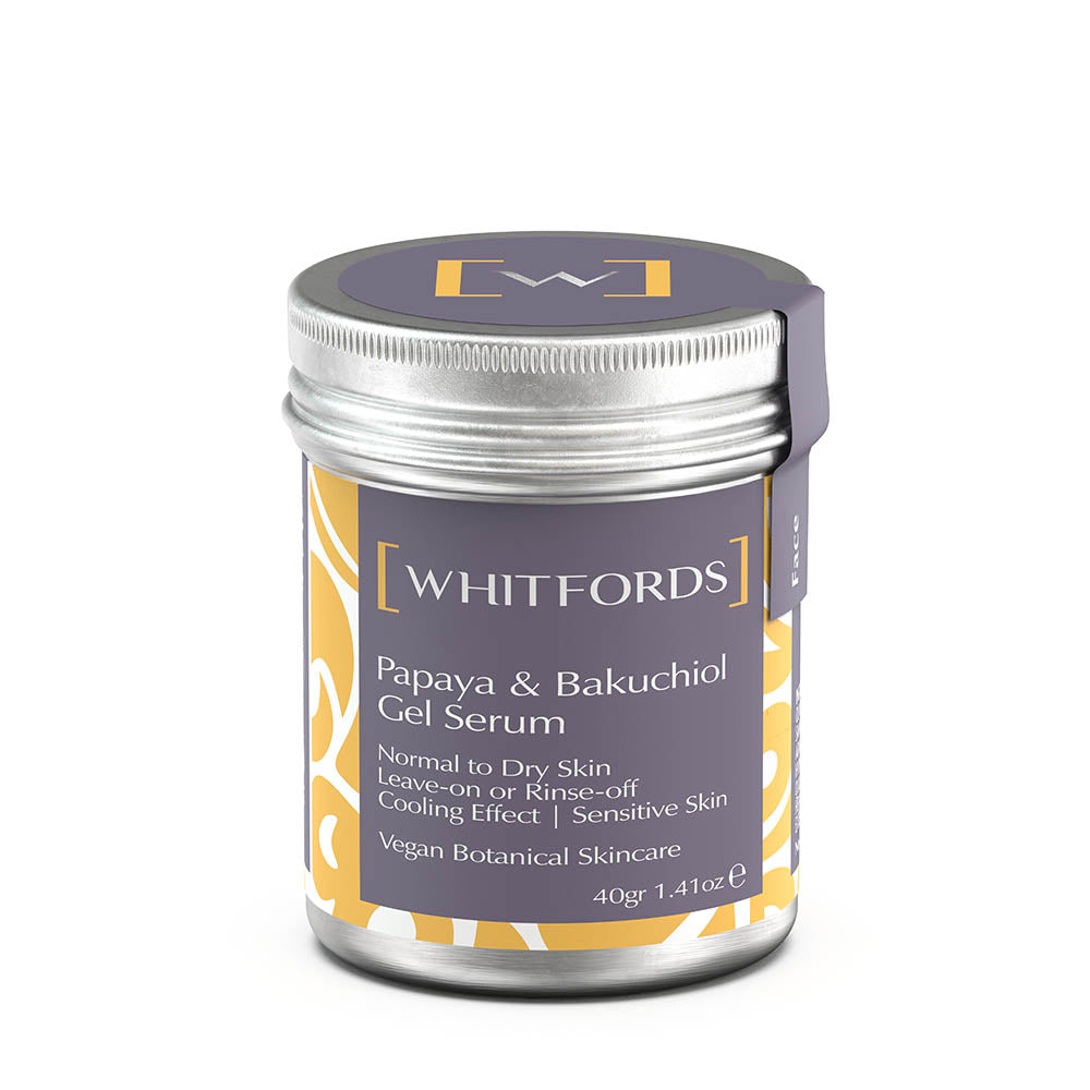 whitfords skincare papaya and bakuchiol gel serum overnight mask in an aluminium tin with a matt lilac label on a white background. the label reads 'whitfords papaya and bakuchiol gel serum normal to dry skin, leave-on or rinse-off, cooling effect, sensitive skin. vegan botanical skincare'