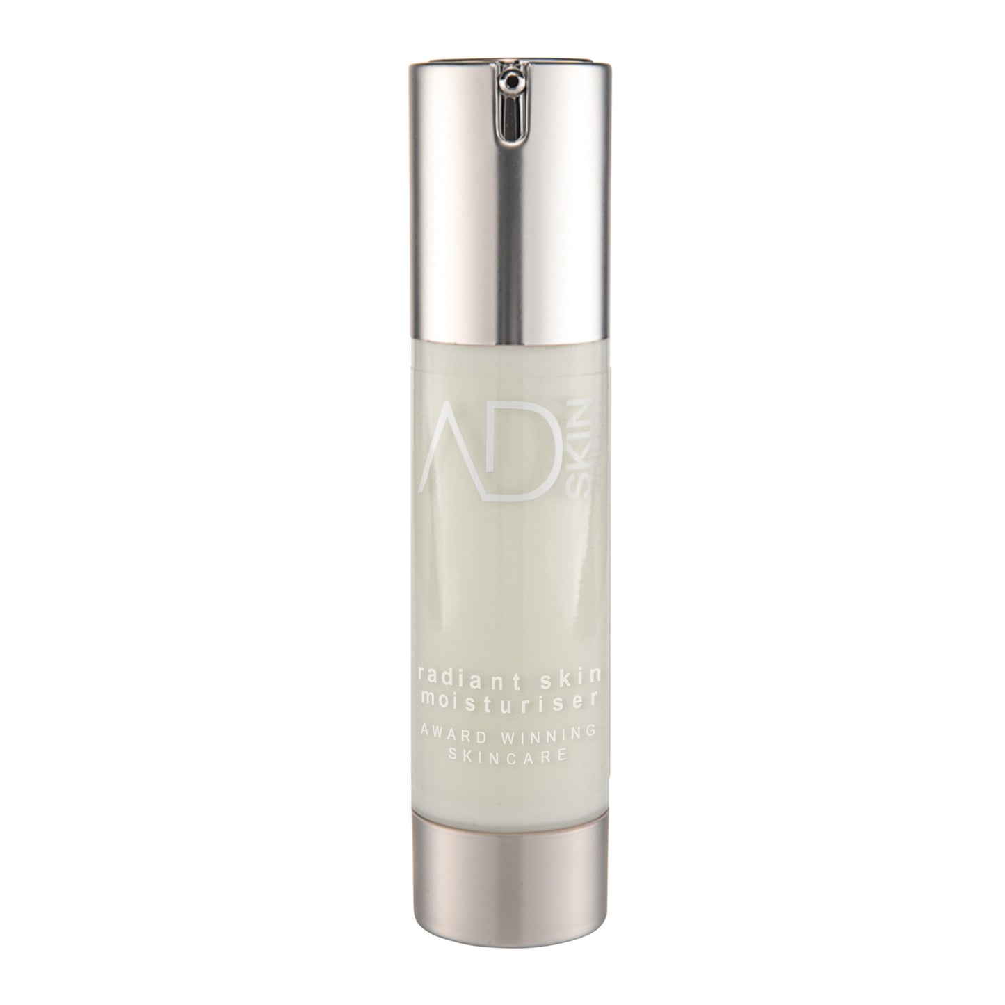 AD Skin Synergy Radiant Skin Moisturiser. Natural skincare. Award-winning. Pictured in it's clear bottle with silver pump.