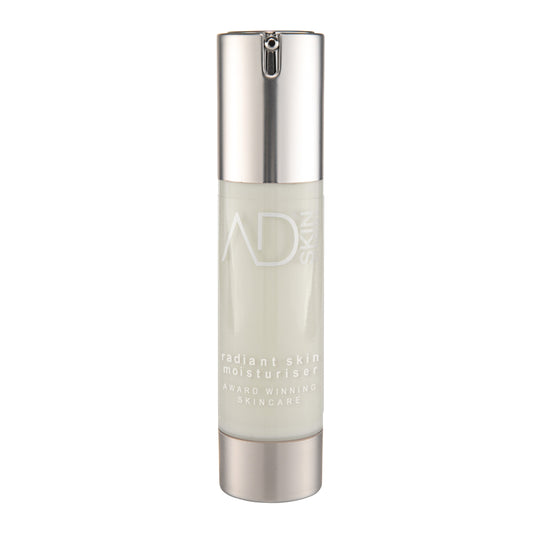 AD Skin Synergy Radiant Skin Moisturiser. Natural skincare. Award-winning. Pictured in it's clear bottle with silver pump.