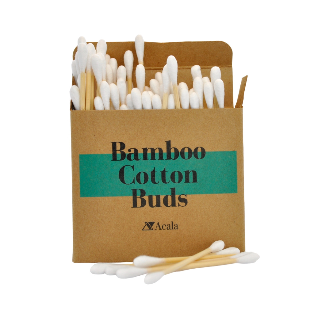 double ended cotton buds made of bamboo and can be seen spilling out the top of a kraft brown box with black text and turquoise accent