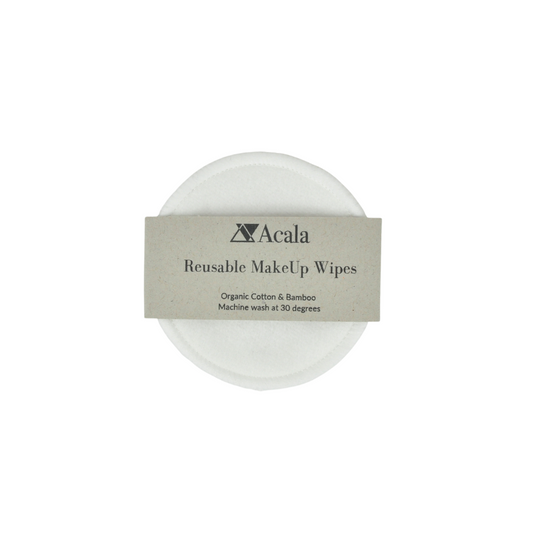 Round white reusable cotton rounds made from organic cotton and bamboo. Acala reusable make up wipes packaged in recycled paper.
