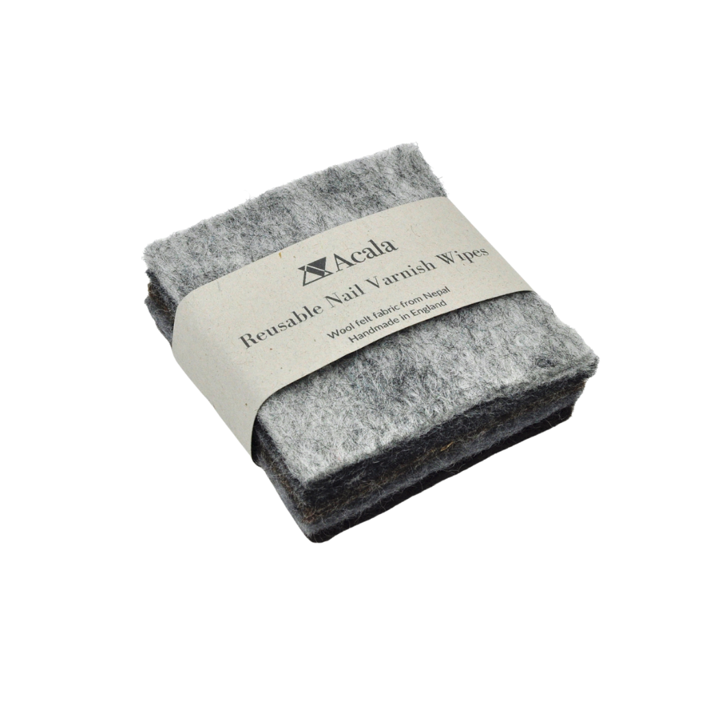 Acala Reusable Nail Varnish Wipes. Grey wool felt offcuts saved from landfill, cut into squares