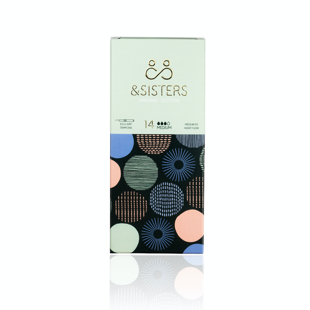 &Sisters Organic Eco Applicator Tampons for Medium flow. Organic Cotton Tampons. Medium tampons in a green box
