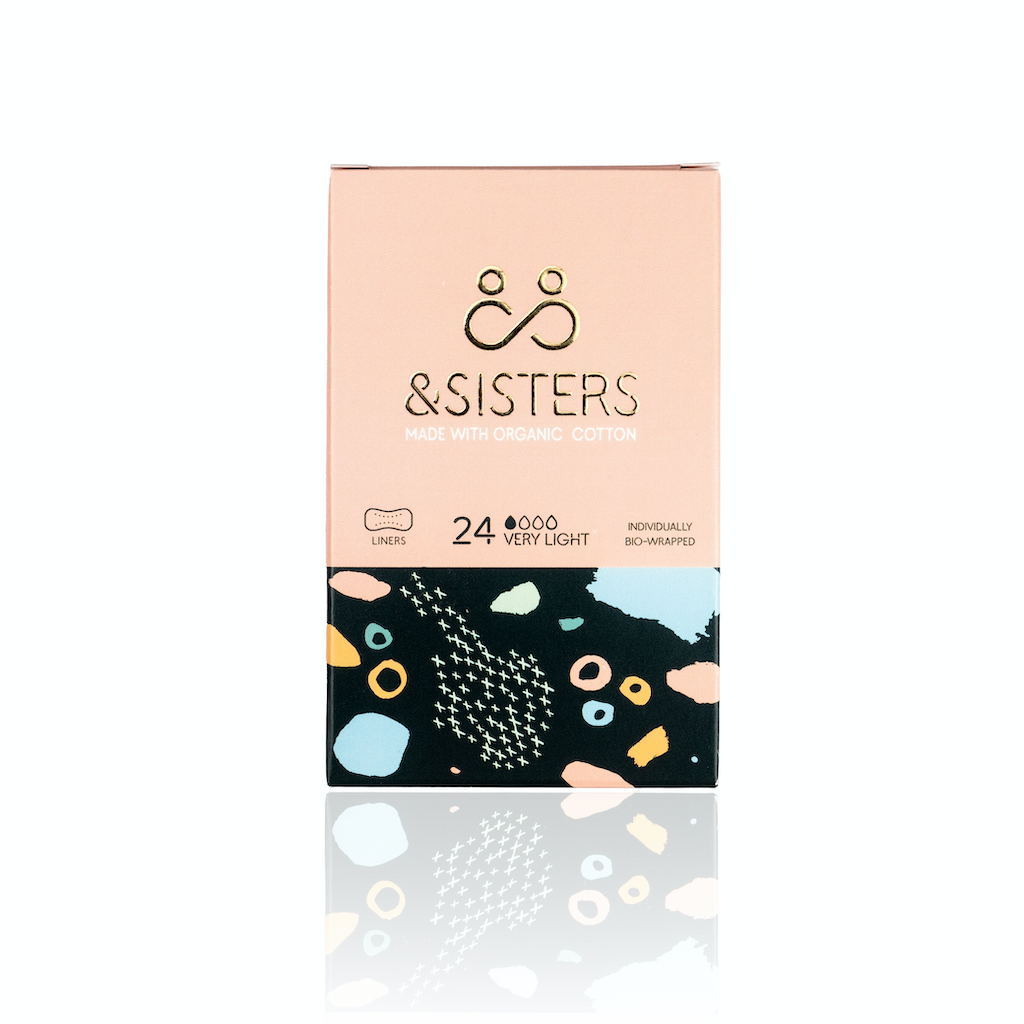 &Sisters Organic Cotton Panty Liners. Organic Cotton period care. 24 pack in a pink box.