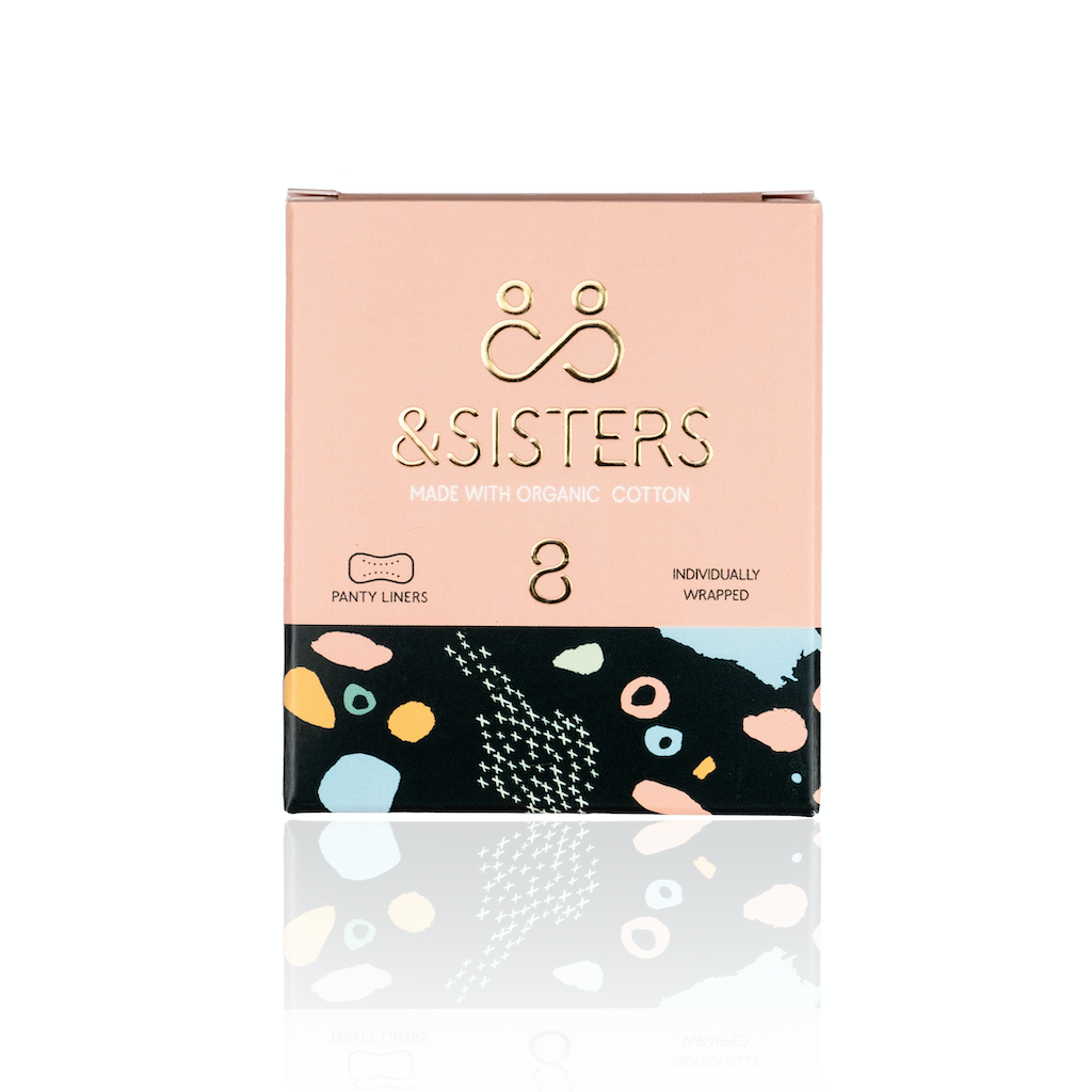 &Sisters Organic Cotton Panty Liners. Organic Cotton period care. 8 pack in a pink box.