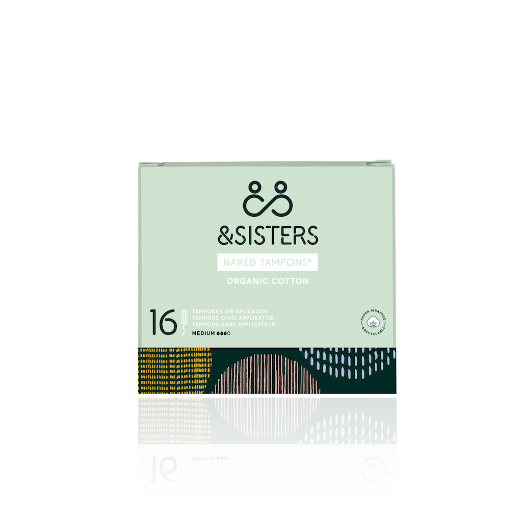&Sisters Organic Cotton Naked Tampons in Medium. Eco-friendly period care. Medium flow tampons in a green box.