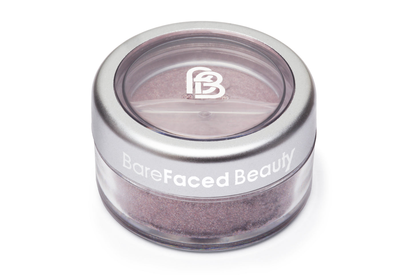 A small round clear pot of barefaced beauty natural mineral eyeshadow