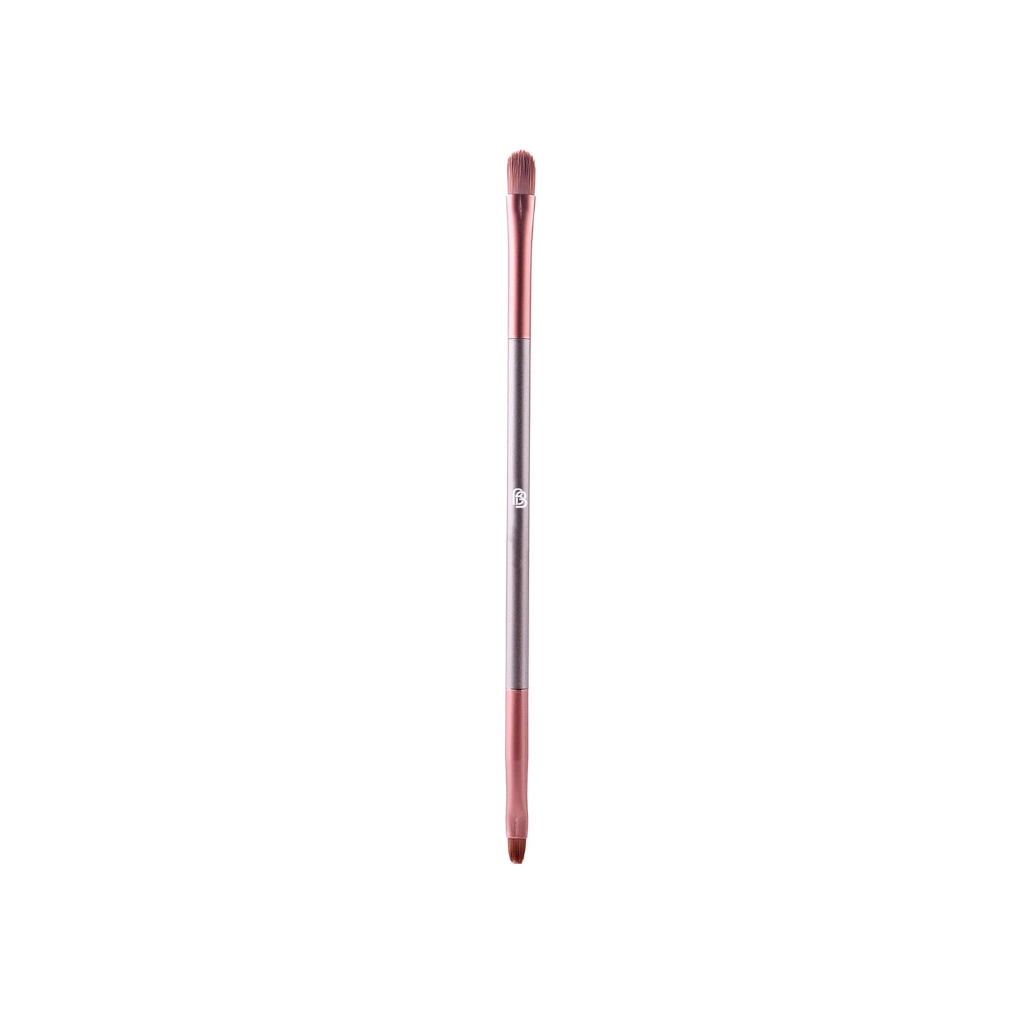 photo of a synthetic cruelty free make up brush in brown, copper and taupe colours. The brush has bristles on both ends. one is a fuller rounder shape for applying lip colour in the centre of the lips or to top up your lipstick throughout the day. The other end is smaller and more compact with a slightly less rounded shape which is good for lipstick touch ups or lining the lips with colour before a full application