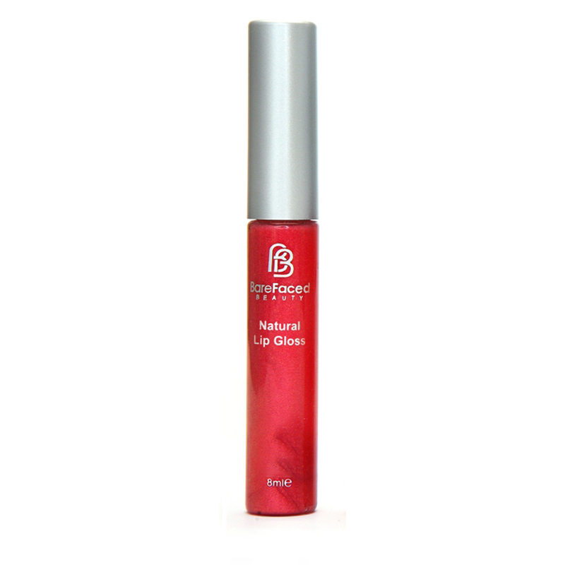 BareFaced Beauty Natural Mineral Lip Gloss in Arresting. Natural lip gloss. The mineral lip gloss is pictured in a clear plastic tube with a silver lid, and the logo in silver. The shade is a bright red.