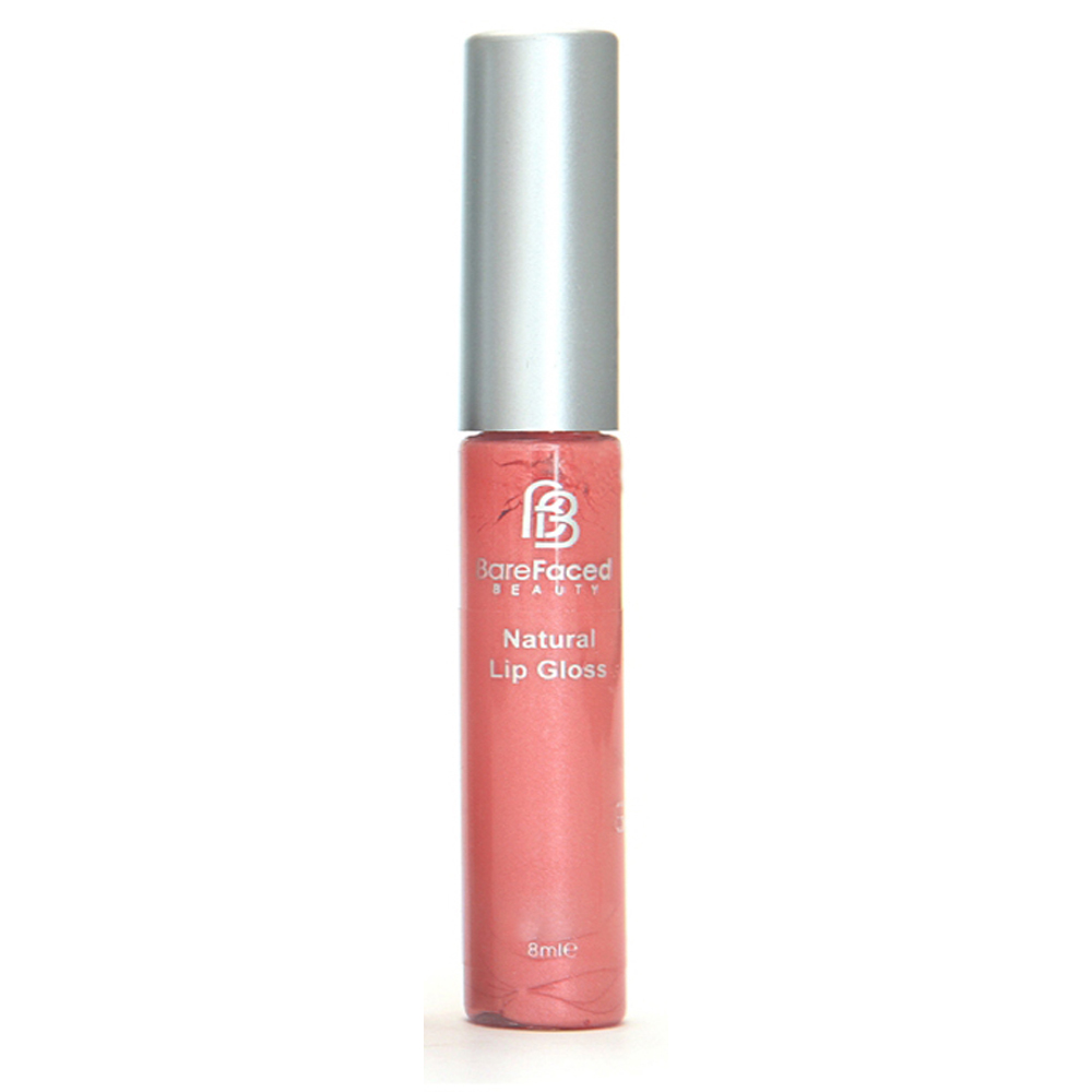 BareFaced Beauty Natural Mineral Lip Gloss in Blissful. Natural lip gloss. The mineral lip gloss is pictured in a clear plastic tube with a silver lid, and the logo in silver. The shade is a salmon pink. 