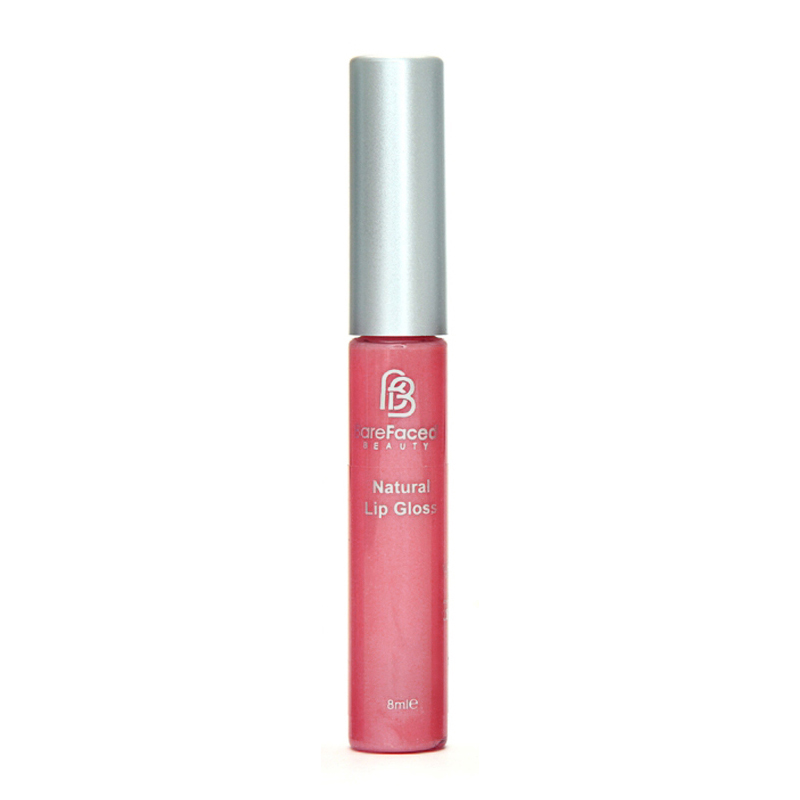 BareFaced Beauty Natural Mineral Lip Gloss in Blushed. Natural lip gloss. The mineral lip gloss is pictured in a clear plastic tube with a silver lid, and the logo in silver. The shade is a rosy pink. 