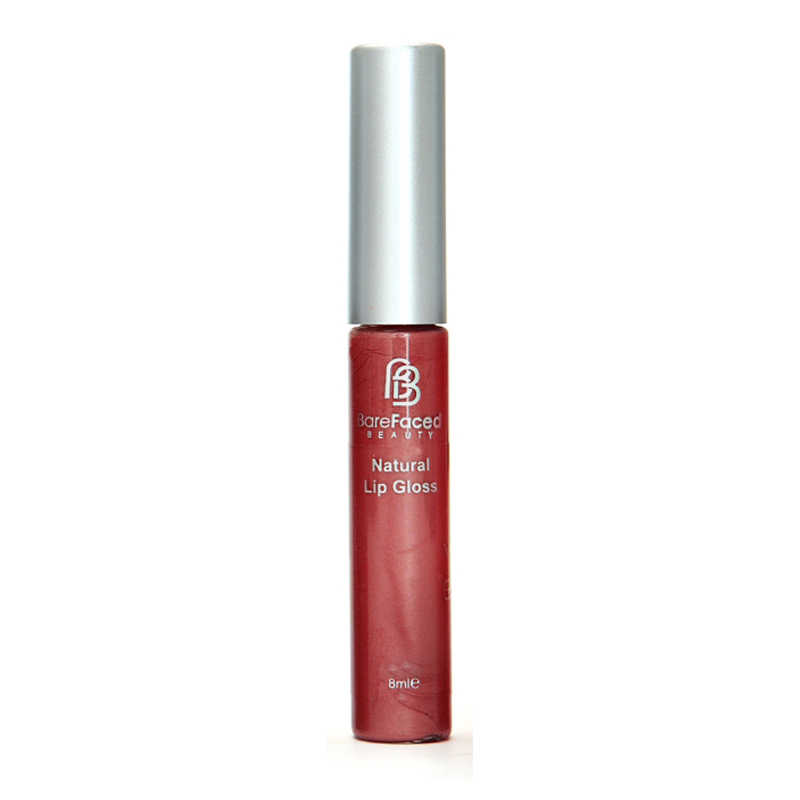 BareFaced Beauty Natural Mineral Lip Gloss in Breathtaking. Natural lip gloss. The mineral lip gloss is pictured in a clear plastic tube with a silver lid, and the logo in silver. The shade is a glittery reddish brown..