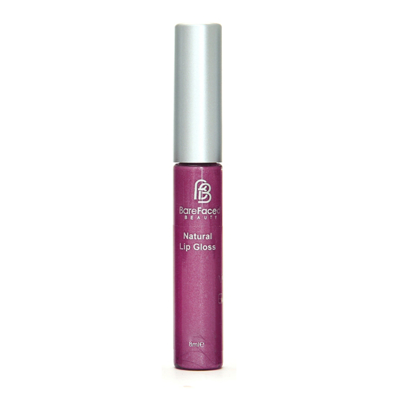 BareFaced Beauty Natural Mineral Lip Gloss in Mystical. Natural lip gloss. The mineral lip gloss is pictured in a clear plastic tube with a silver lid, and the logo in silver. The shade is a glossy purple.